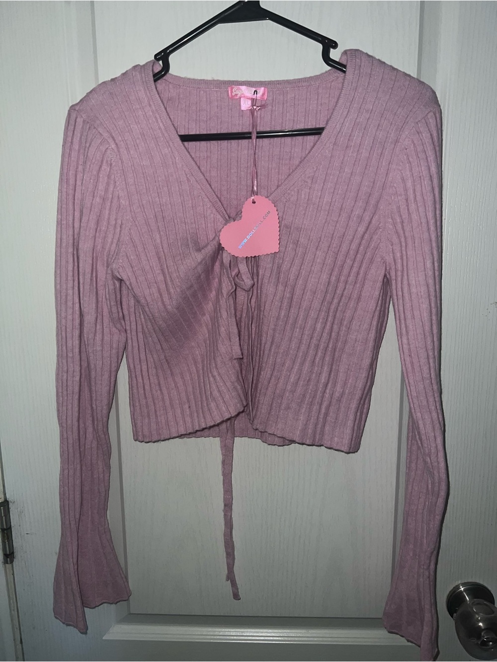 Women’s Ribbed Tie-Front Long-Sleeve Top - Dusty Pink